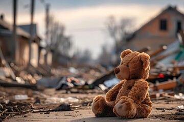 a lone, plush teddy bear sitting in the midst of an abandoned street littered with debris
