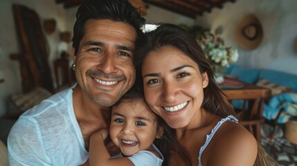 Fototapeta premium Family selfie room with happy parents and child smiling