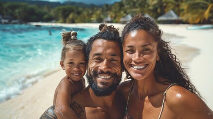 Obraz premium Family selfie on beach, smiling parents with child
