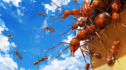 worker ant colony blue sky background