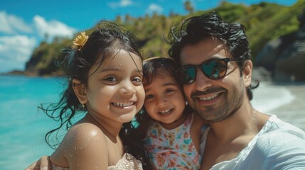 Obraz premium Family selfie on beach with happy children and father