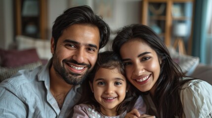 Obraz premium Family selfie room with smiling parents and child on a couch