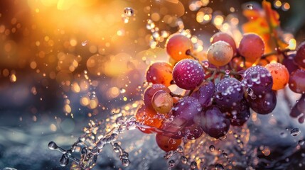 Fresh Grapes in Sunlit Water Splash