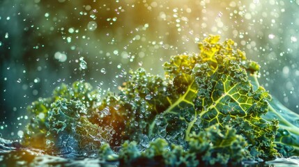 Fresh Kale with Water Droplets in Sunlight