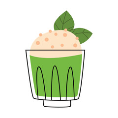 Matcha latte cartoon vector illustration. Herbal drink in tall glass mug flat color object. Mint beverage in cup. Natural cocktail. Cafeteria tableware. Green tea isolated on white background