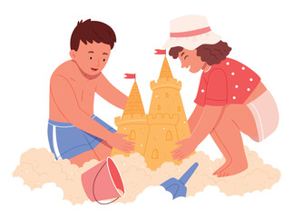 Children make sand castle on beach. Boy and girl with building and flag, ancient fort. Outdoor leisure and activities at coastline in hot weather, summertime. Cartoon flat vector illustration