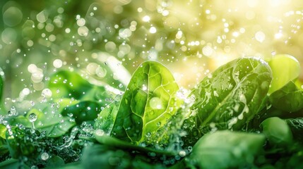 Fresh Green Leaves with Dew in Sunlight