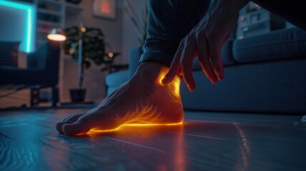 Pain in Foot Concept with Glowing Outline in Dark Room