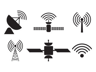 Wireless satellite technology icon set. Antenna, satellite and satellite dish icons. Satellite Data Icon, Vector illustration.