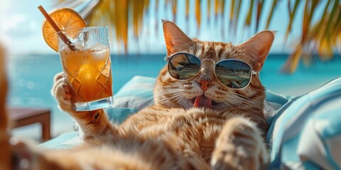 Vacation Vibes: Cat Relaxing with Drink on Tropical Beach