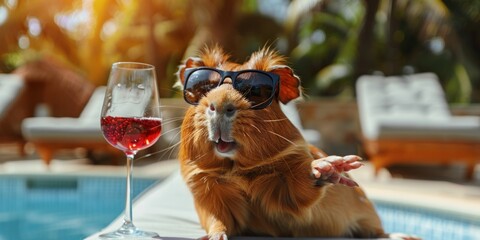 Vocation Guinea Pig Relaxing by Pool with Wine in Sunglasses