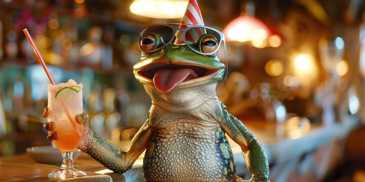 Holiday Party Frog with Cocktail and Sunglasses