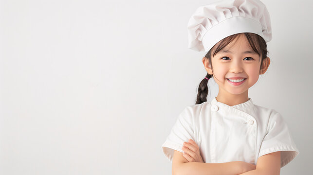 A cute happy smiling young Southeast Asian girl dresses like a chef on a plain white background with copy space for text.