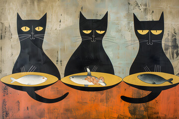 
Three black cats sitting at the table eating fish. Retro illustration

