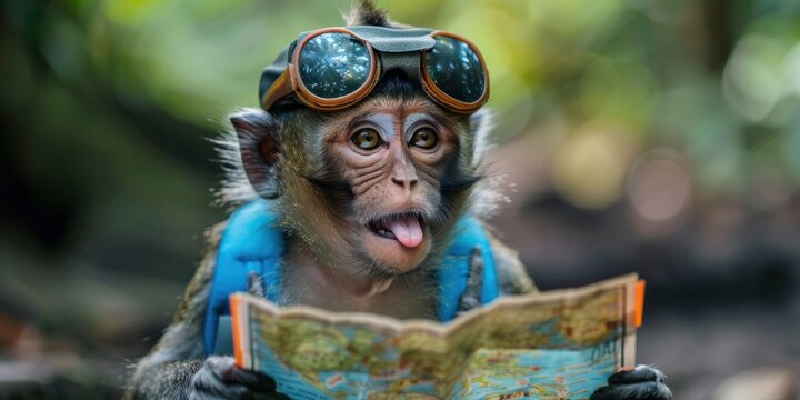 Adventurous monkey wearing goggles holding a map in the jungle