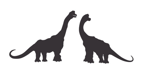 Isolated silhouettes of a pair of dinosaurs. Animals of the Jurassic period. Black drawing of ancient monsters. Sketch of prehistoric reptiles