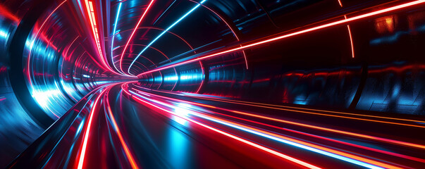 **Slick, glossy black surfaces intersected by glowing red and blue neon lines, conveying a high-speed Hight way in motion.