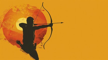 Retro silhouette sportsman with bow and arrow, sunset