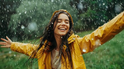 Happy woman enjoying with rain in nature with her arms outstretched to embrace nature.