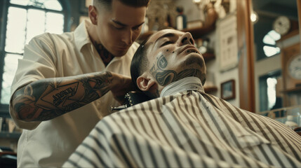 Close up of a barber with tattoos giving a haircut to a man in a barbershop.