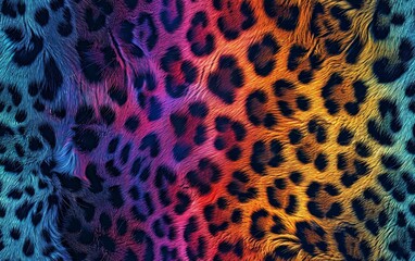 Vibrant multicolored leopard print pattern with a gradient from blue to orange.