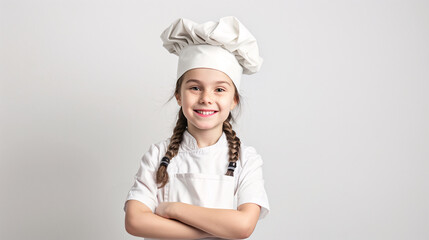 A cute happy smiling young American white girl dresses like a chef on a plain grey background with copy space for text.