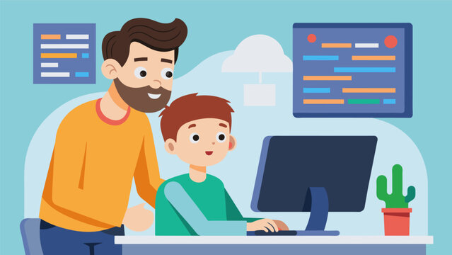 An instructor patiently guiding a young coder as he troubleshoots an error in his code during a oneonone session at the workshop.. Vector illustration