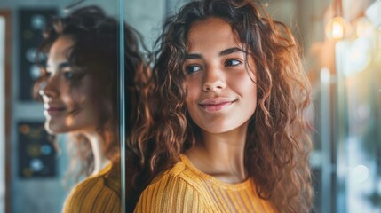 Self Esteem Confident Woman Smiling in Front of Mirror