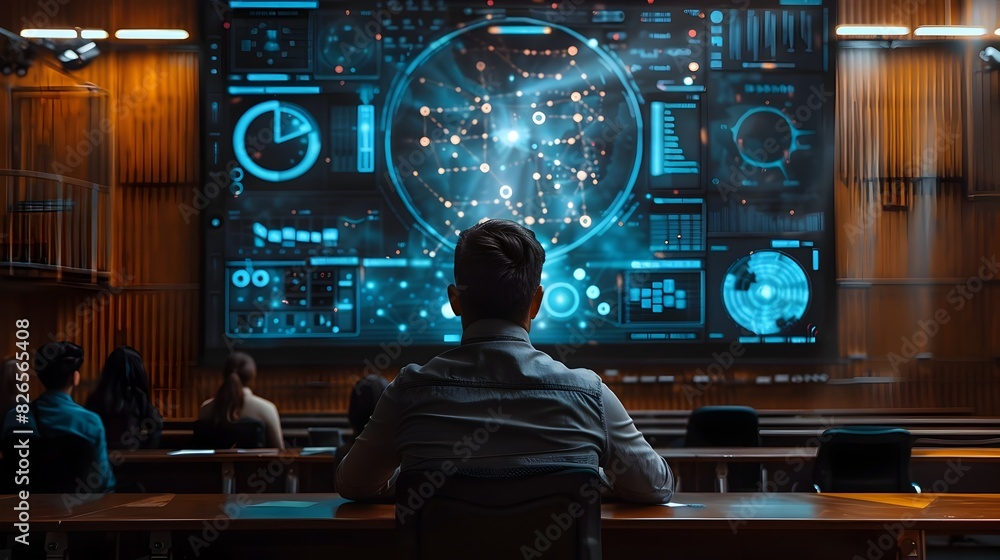 Aufkleber futuristic university lecture hall with professor utilizing holographic displays and advanced teachi