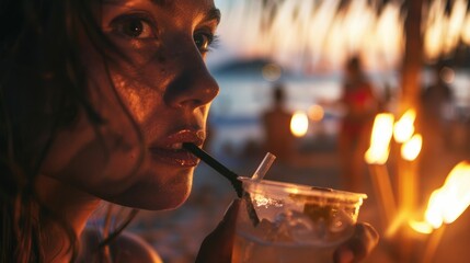 Under the midnight sky, a woman is enjoying a refreshing drink of water through a straw on the...