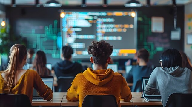 Intensive coding bootcamp with students focused on laptops in innovative tech education environment