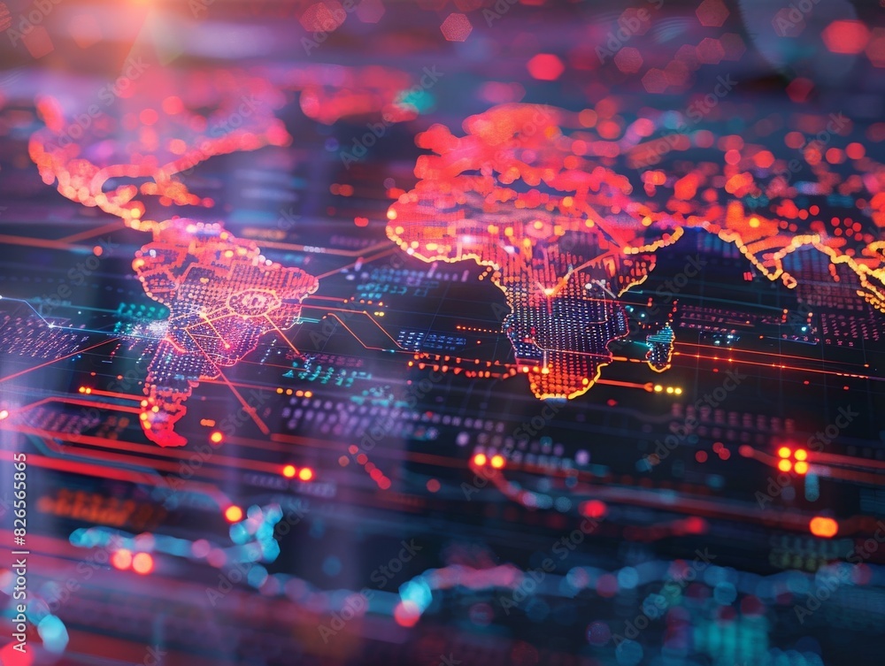 Poster colorful illuminated world map with digital connections and data insights, showcasing global connect