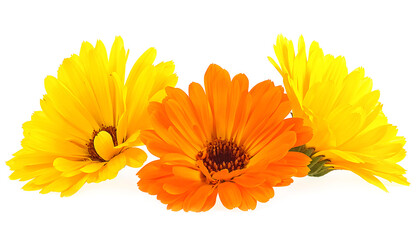Beautiful blooming marigold flowers on a white background. Calendula officinalis. Three flowers of calendula.