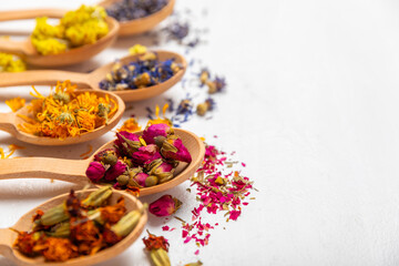 Assortment of dry herbal and berry tea in wooden spoons on a wooden background.Medicinal Healing herbs.Alternative medicine concept.Linden, calendula, cornflowers, marigold, tansy, tea rose.dry herbal