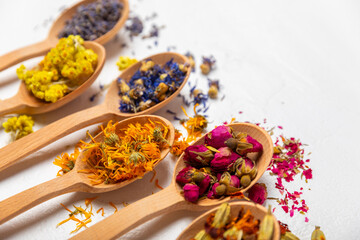 Assortment of dry herbal and berry tea in wooden spoons on a wooden background.Medicinal Healing herbs.Alternative medicine concept.Linden, calendula, cornflowers, marigold, tansy, tea rose.dry herbal
