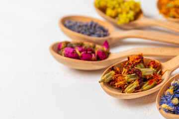 Assortment of dry herbal and berry tea in wooden spoons on a wooden background.Medicinal Healing herbs.Alternative medicine concept.Linden, calendula, cornflowers, marigold, tansy, tea rose.dry herbal