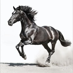 A powerful black Arabian horse gallops freely across a white background, its sleek grey body blending with the dust as it races forward. With the start of its motion, it embodies the epitome of speed.