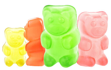 Colored jelly gummy bear isolated on a white background. Group of juicy marmalade bears.