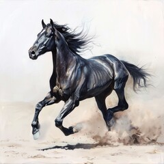 A powerful black Arabian horse gallops freely across a white background, its sleek grey body blending with the dust as it races forward. With the start of its motion, it embodies the epitome of speed.