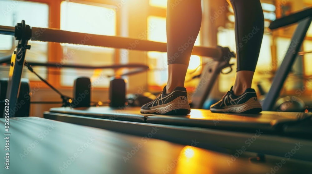 Wall mural A close-up of a woman doing Pilates exercises on a reformer machine in a gym studio.