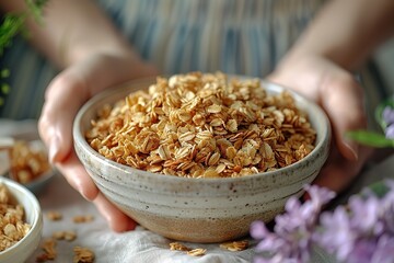 Ceramic bowl with granola on the linen tablecloth - Powered by Adobe