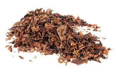 Pile of dried smoking tobacco isolated on a white background. Chopped tobacco leaves.