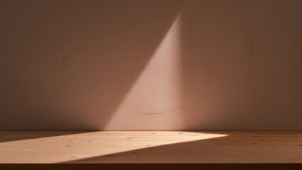 Empty table on rouge texture wall background. Composition with geometric light on the wall. Mock up...