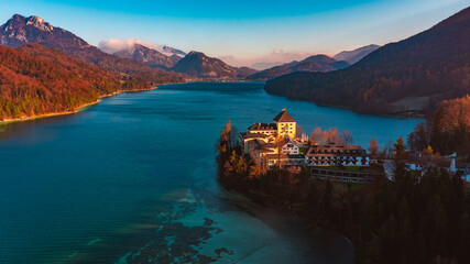 Aerial View of Schloss Fuschl on Fuschlsee in Autumn, Scenic Castle and Lake Landscape in Salzburg,...
