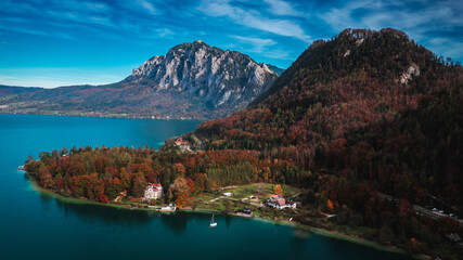 Aerial View of Attersee in Autumn, Scenic Lake and Village Landscape in Upper Austria, Salzkammergut