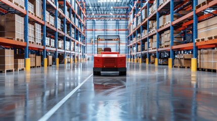 An Automated Guided Vehicle (AGV) operating within a warehouse for logistics and transportation purposes.