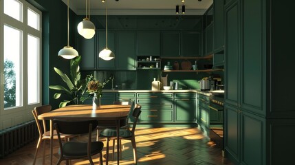 An interior design featuring a dark green kitchen, seamlessly merging with the dining room area.