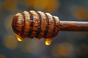 hand holding wooden honey dipper over amber-colored background
