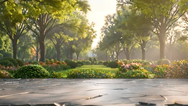 A stone table stands amidst lush greenery, trees, and vibrant flowers in a park setting.