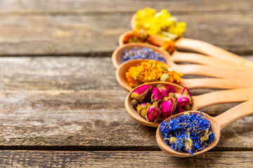Assortment of dry herbal and berry tea in wooden spoons on a wooden background.Medicinal Healing...